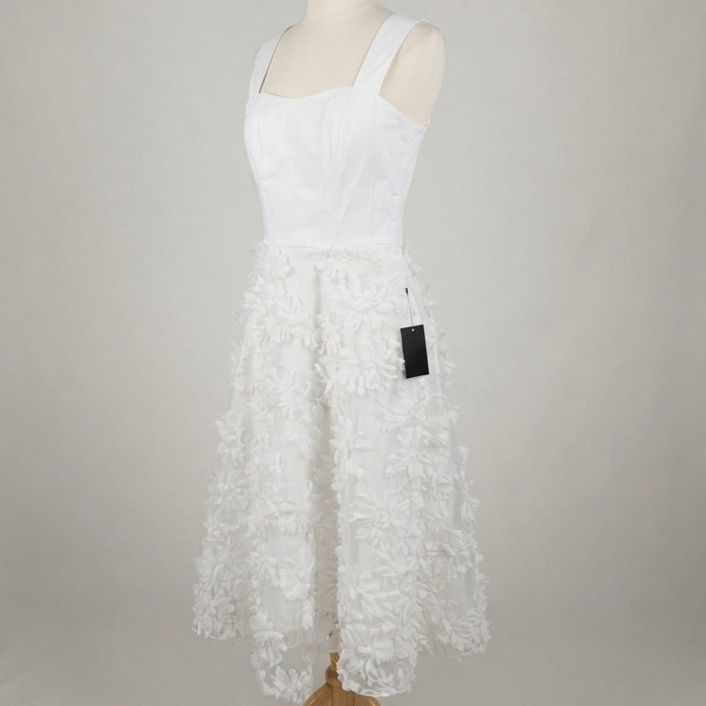 Lulus White 3D Floral Swiss Dot Midi Dress Sweetheart Corset Bodice XS NWT